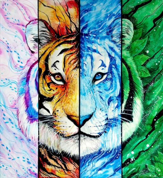 Jonna Hyttinen, Element Tiger, 4-Teiler, runde Steinchen, 4x 30x140cm, 150 Farben, Vollbild