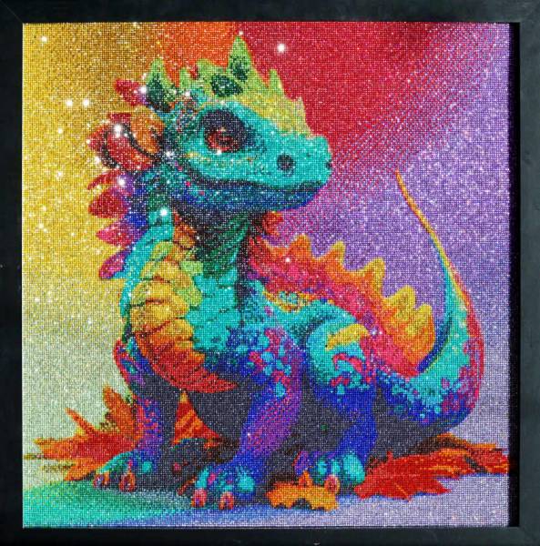 Diamond Painting Bild, bunter Drache, runde Strass-Steinchen, 60x60cm, 45 Farben, Vollbild