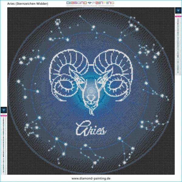 Vorlage (ohne Steine) Sternzeichen Widder, Glow in the dark - Nachtleuchtend, 60x60cm, 45 Farben, für runde Steine, Vollbild
