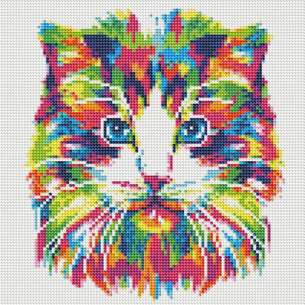Diamond Painting Bild, bunte Katze, runde Steinchen, 30x30cm, 20 Farben, Vollbild