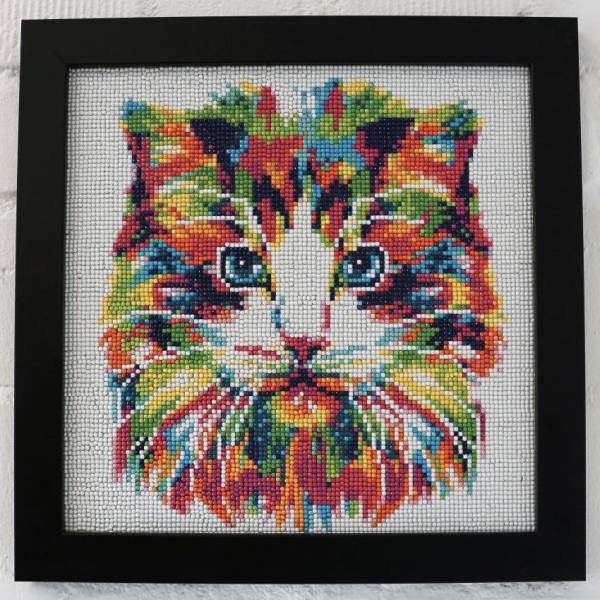 Diamond Painting Bild, bunte Katze, runde Steinchen, 30x30cm, 20 Farben, Vollbild
