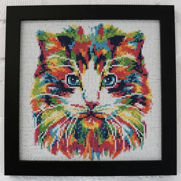 Diamond Painting picture, colorful cat, 30x30cm, 20 colors, round stones, full image