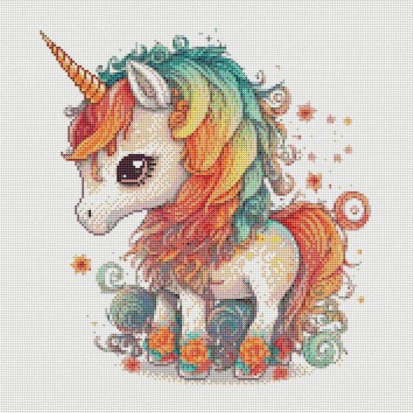 Diamond Painting Bild, kleines Einhorn, runde Steinchen, 50x50cm, 30 Farben, Vollbild