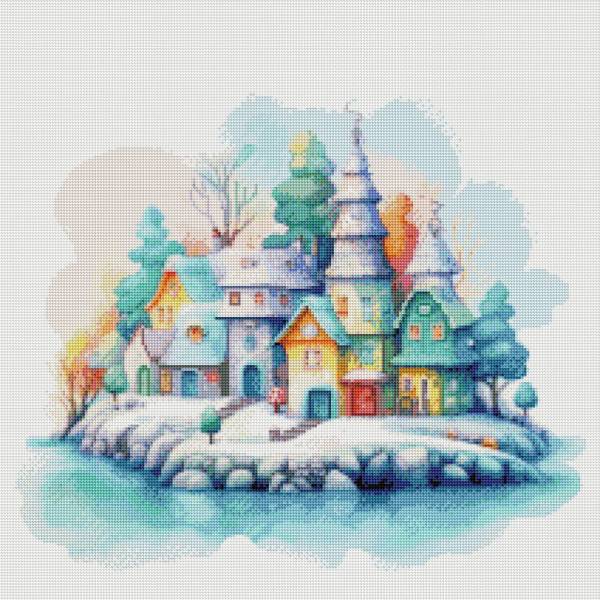 Diamond Painting Bild, Winter Village, runde Steinchen, 60x60cm, 45 Farben, Vollbild