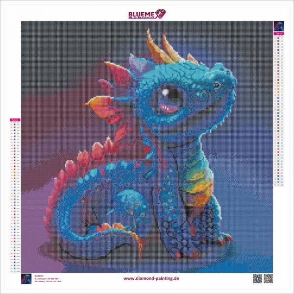 Diamond Painting Bild, blaues Drachenbaby, runde Steinchen, 50 Farben, 60x60cm, Vollbild