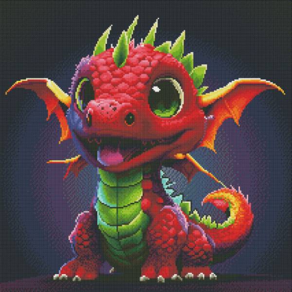 Diamond Painting Bild, rotes Drachenbaby, runde Steinchen, 55 Farben, 60x60cm, Vollbild