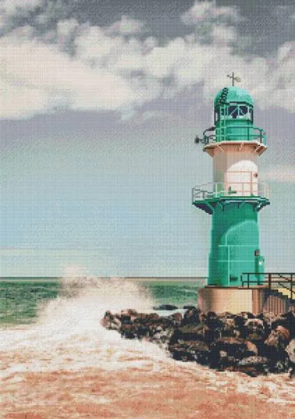 Diamond Painting Bild, Leuchtturm Warnemünde, 60x85cm, 55 Farben, runde Steine, Vollbild