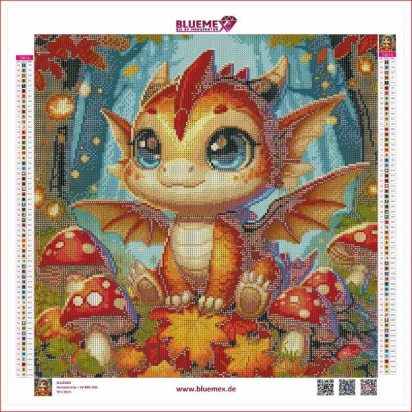 Michaela Klimes, Herbstdrache, runde Steinchen, 50x50cm, 61 Farben inkl. AB & Feensteine, Vollbild