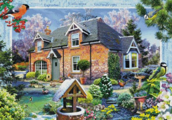 Vorlage (ohne Steine) Howard Robinson, Snowdrop Cottage, 70x100cm, 70 Farben, für eckige Steine, Vollbild