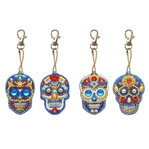 Schlüsselanhänger-Set, bestehend aus 4 Anhängern, Motiv Totenkopf, Painting-Set komplett mit Strass Steine