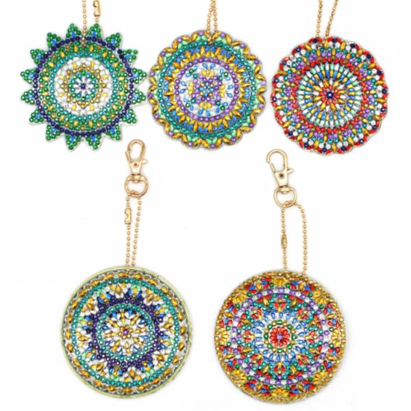 Schlüsselanhänger-Set, bestehend aus 5 Anhängern, Motiv Mandala, Painting-Set komplett mit Strass Steinchen