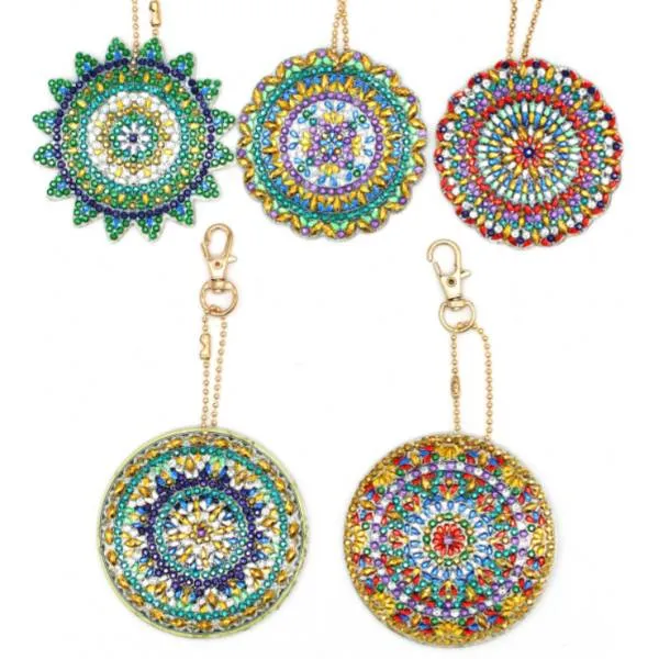 Keyring set, consisting of 5 pendants, motif mandala, painting set complete with rhinestones