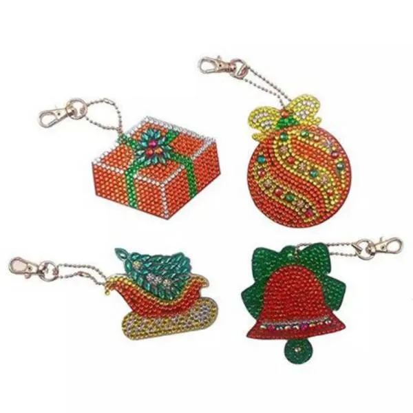 Keyring set, consisting of 4 pendants, motive Christmas, painting set complete with rhinestones