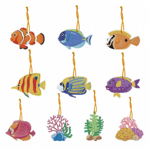 Anhänger-Set, bestehend aus 10 Anhängern, Motiv Fische, Painting-Set komplett mit Strass- & Sondersteinchen