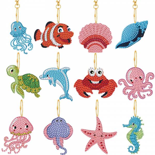 Keyring set, consisting of 12 pendants, motif fish and Co., painting-set complete with rhinestones
