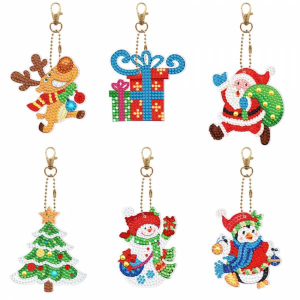 Schlüsselanhänger-Set, bestehend aus 6 Anhängern, Motiv Weihnachten, Painting-Set komplett mit Strass Steinchen