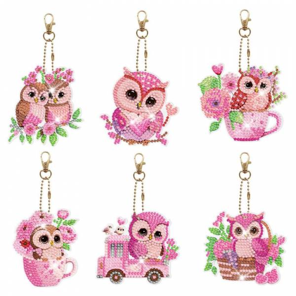 Schlüsselanhänger-Set, bestehend aus 6 Anhängern, Motiv rosa Eulen, Painting-Set komplett mit Strass Steinchen