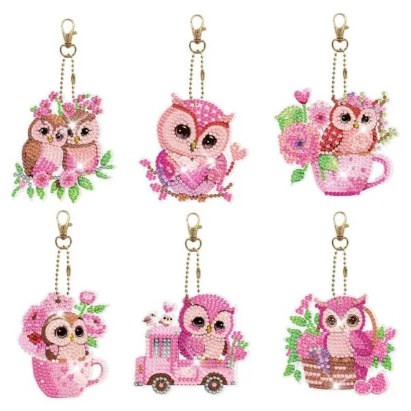 Schlüsselanhänger-Set, bestehend aus 6 Anhängern, Motiv rosa Eulen, Painting-Set komplett mit Strass Steine