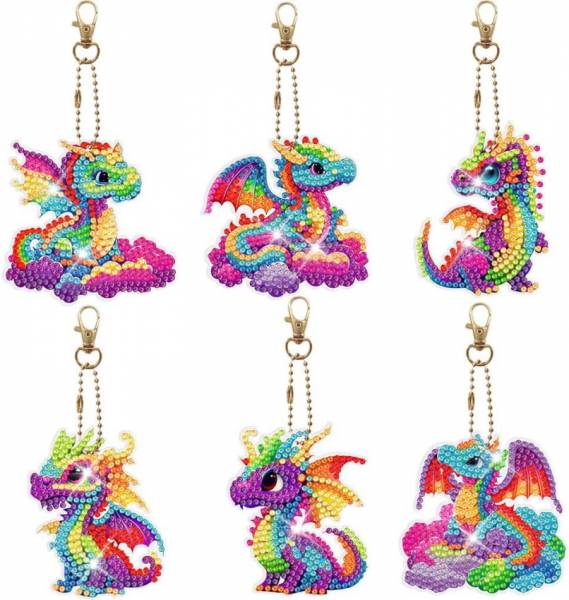 Schlüsselanhänger-Set, bestehend aus 6 Anhängern, Motiv bunte Drachen, Painting-Set komplett mit Strass Steinchen
