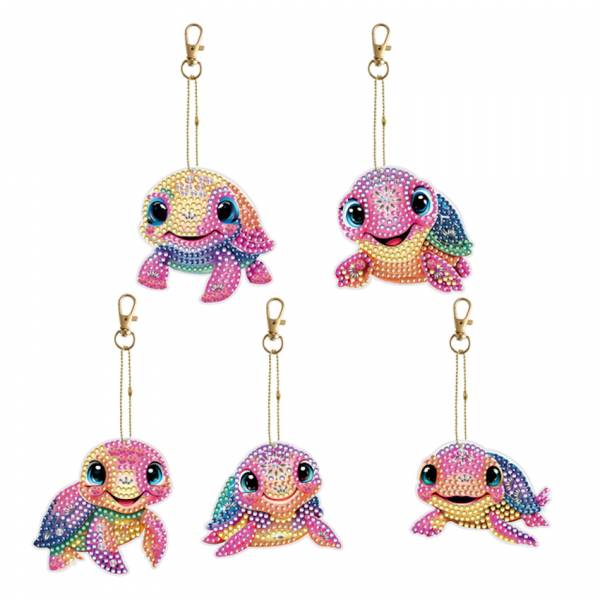 Schlüsselanhänger-Set, bestehend aus 5 Anhängern, Motiv Schildkröten, Painting-Set komplett mit Strass Steinchen