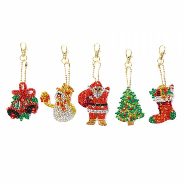 Schlüsselanhänger-Set, bestehend aus 5 Anhängern, Motiv Weihnachten, Painting-Set komplett mit Strass- & Sondersteinchen