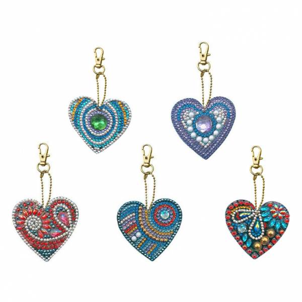 Schlüsselanhänger-Set, bestehend aus 5 Anhängern, Motiv Herzen, Painting-Set komplett mit Strass Steinchen