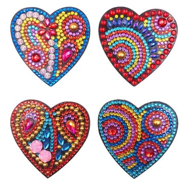 Set, consisting of 4 magnets, hearts motif, painting set complete with rhinestones