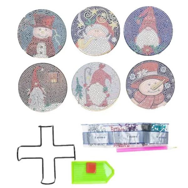 Untersetzer, 6 Stück mit Aufbewahrungs-Ständer, Weihnachten auf Schichtholzplatte, runde Strass Steine