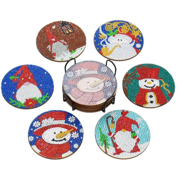 Untersetzer, 6 Stück mit Aufbewahrungs-Ständer, Weihnachten auf Schichtholzplatte, runde Strass Steine