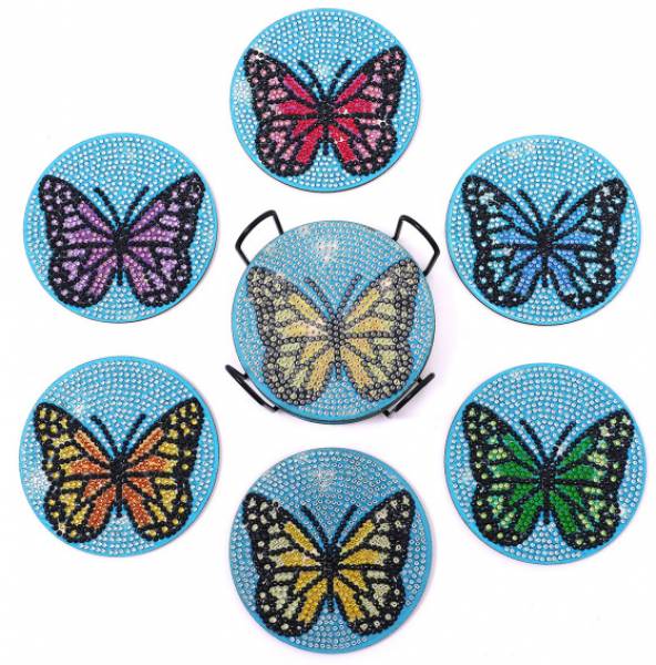 Untersetzer, 6 Stück mit Aufbewahrungs-Ständer, Schmetterling auf Kunststoff / Korkplatte, runde Strass-Steine