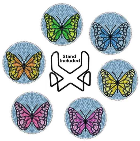 Untersetzer, 6 Stück mit Aufbewahrungs-Ständer, Schmetterling auf Kunststoff / Korkplatte, runde Strass-Steine