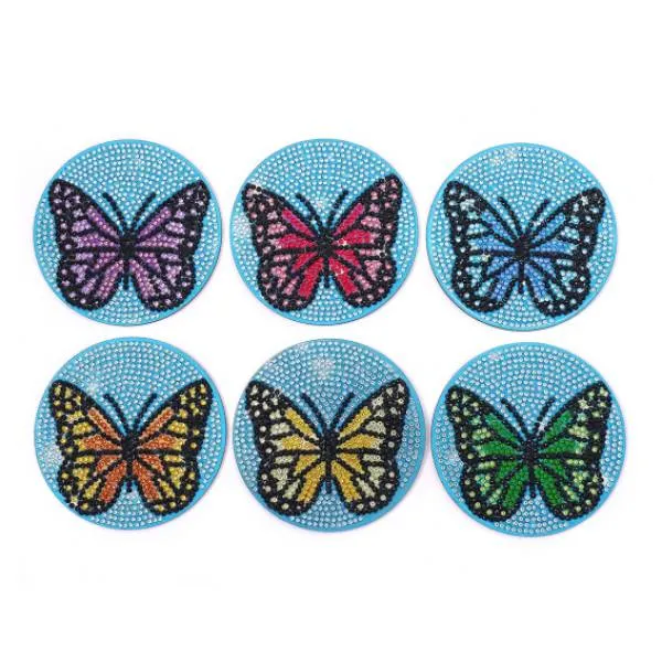 Untersetzer, 6 Stück mit Aufbewahrungs-Ständer, Schmetterling auf Kunststoff / Korkplatte, runde Strass-Steine