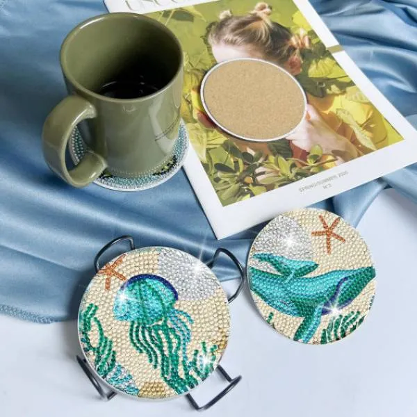 Coasters, 8 pieces with storage rack, sea animals on plastic/cork plate, round rhinestones