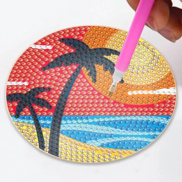 Coasters, 6 pieces with storage rack, Beach on plastic / cork plate, round rhinestones