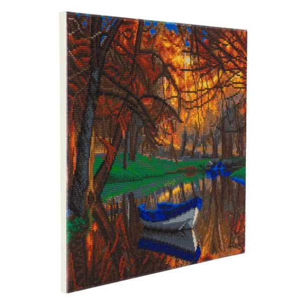 Crystal Art Kit, auf Keilrahmen gespannt, Autumn Forest Boat, runde Steine, ca. 50x40cm, Vollbild