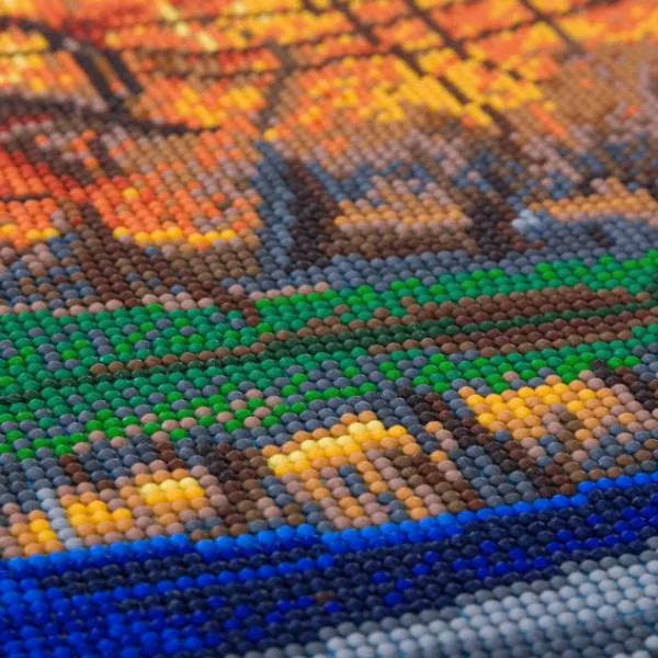 Crystal Art Kit, auf Keilrahmen gespannt, Autumn Forest Boat, runde Steine, ca. 50x40cm, Vollbild