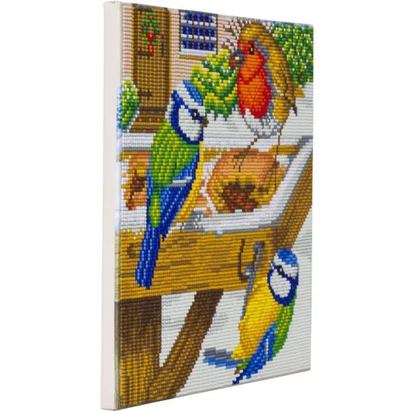 Diamond Painting Bild auf Keilrahmen gespannt, Hungry Birds (Vogelfütterung), runde Diamanten, ca. 30x30cm, Vollbild