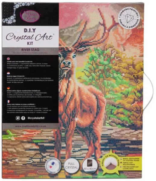 Crystal Art Kit, stretched on a wooden stretcher, River Stag, round stones, approx. 50x40cm, full image.