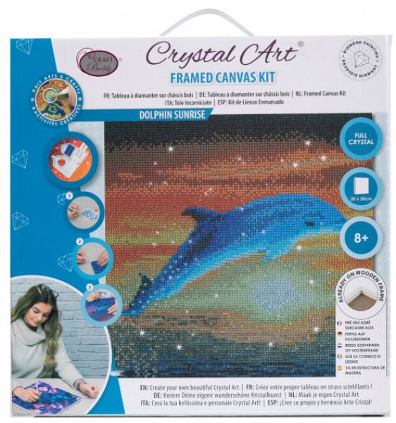 Diamond Painting Bild auf Keilrahmen gespannt, Dolphin Sunrise, runde Diamanten, ca. 30x30cm, Vollbild