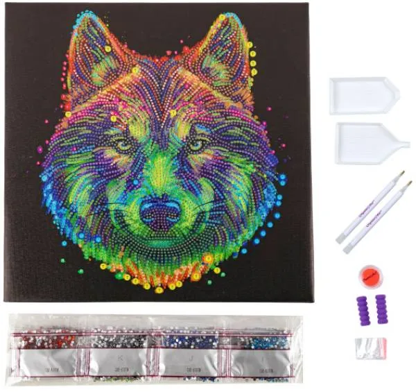 Diamond Painting picture spread on canvas, Colourful Wolf, round diamonds, approx. 30x30cm