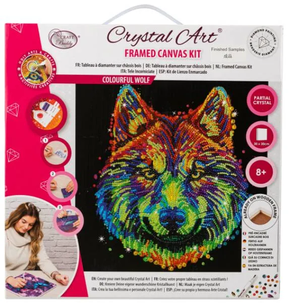Diamond Painting picture spread on canvas, Colourful Wolf, round diamonds, approx. 30x30cm