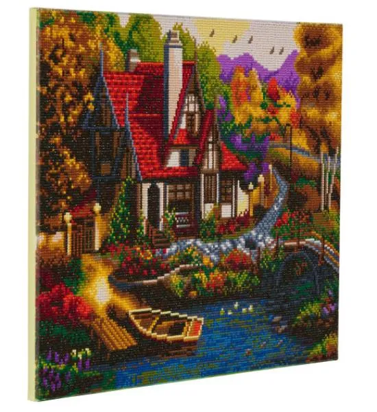Diamond Painting Bild auf Keilrahmen gespannt, Riverside Cottage, runde Diamanten, ca. 50x40cm, Vollbild