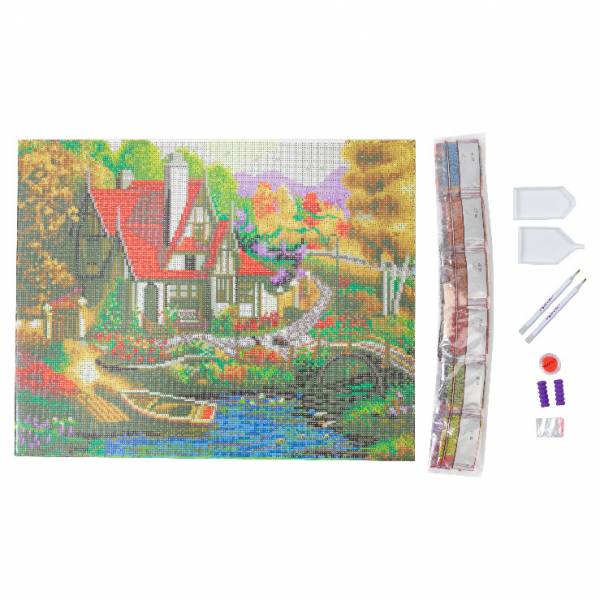 Diamond Painting Bild auf Keilrahmen gespannt, Riverside Cottage, runde Diamanten, ca. 50x40cm, Vollbild