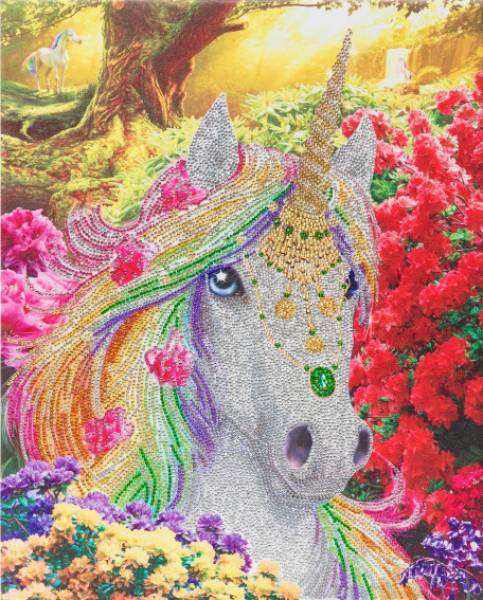 Diamond Painting Bild auf Keilrahmen gespannt, Einhorn, runde Strass Diamanten, ca. 50x40cm, Teilbild