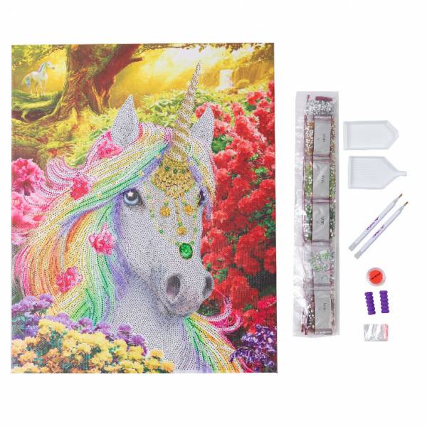 Diamond Painting Bild auf Keilrahmen gespannt, Einhorn, runde Strass Diamanten, ca. 50x40cm, Teilbild