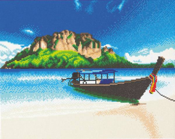 Crystal Art Kit, auf Keilrahmen gespannt, Beach Boat, runde Steine, ca. 50x40cm, Vollbild