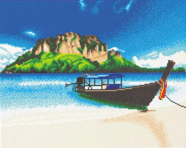Crystal Art Kit, stretched on a wooden stretcher, Beach Boat, round stones, approx. 50x40cm, full image