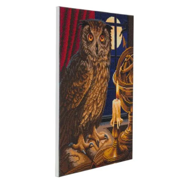 Crystal Art Kit, stretched on a wooden stretcher, The Astrologer Owl, round stones, approx. 50x40cm, full image