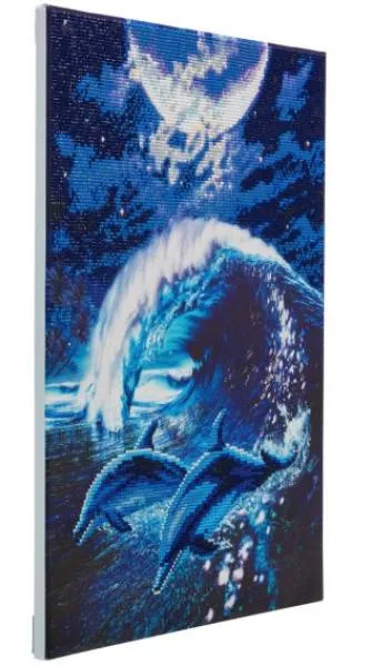 Diamond Painting picture stretched on a wooden stretcher, Moonlight Tryst Dolphins, round diamonds, approx. 50x40cm, full picture