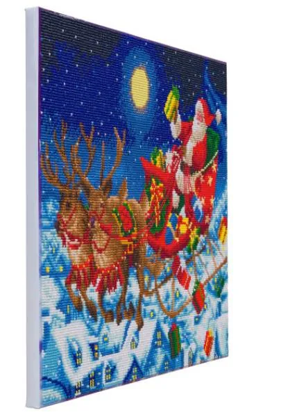Crystal Art Kit, auf Keilrahmen gespannt, Santa`s Midnight Flight, runde Steine, ca. 50x40cm, Teilbild